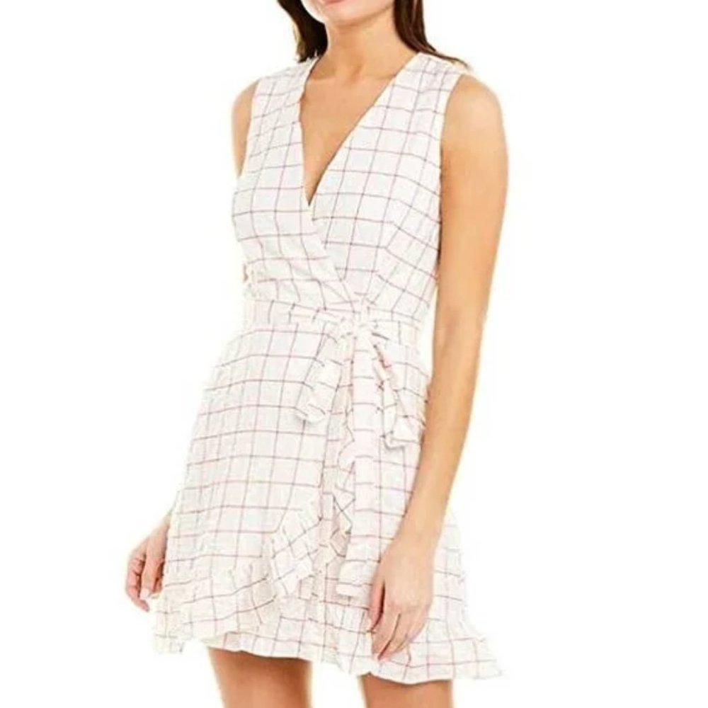 Like New WAYF Sleeveless Wrap White & Red Windowpane Pattern Mini Dress …